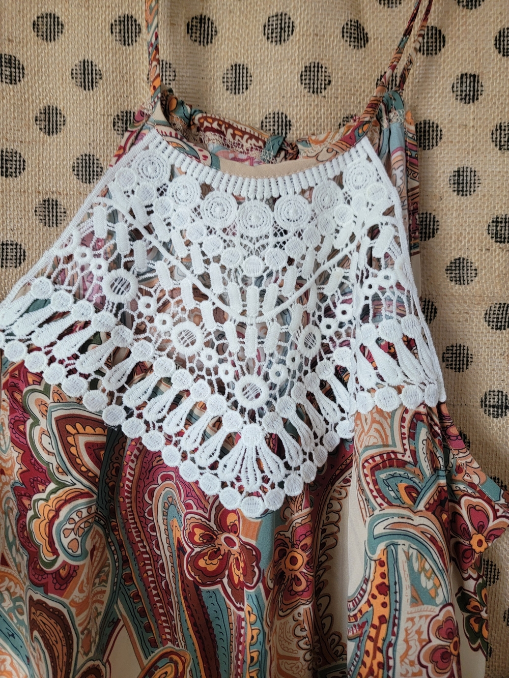 Boho Paisley Crochet-Trim Sun Dress — Teal, Rust & Cream NWOT - Picture 4 of 6